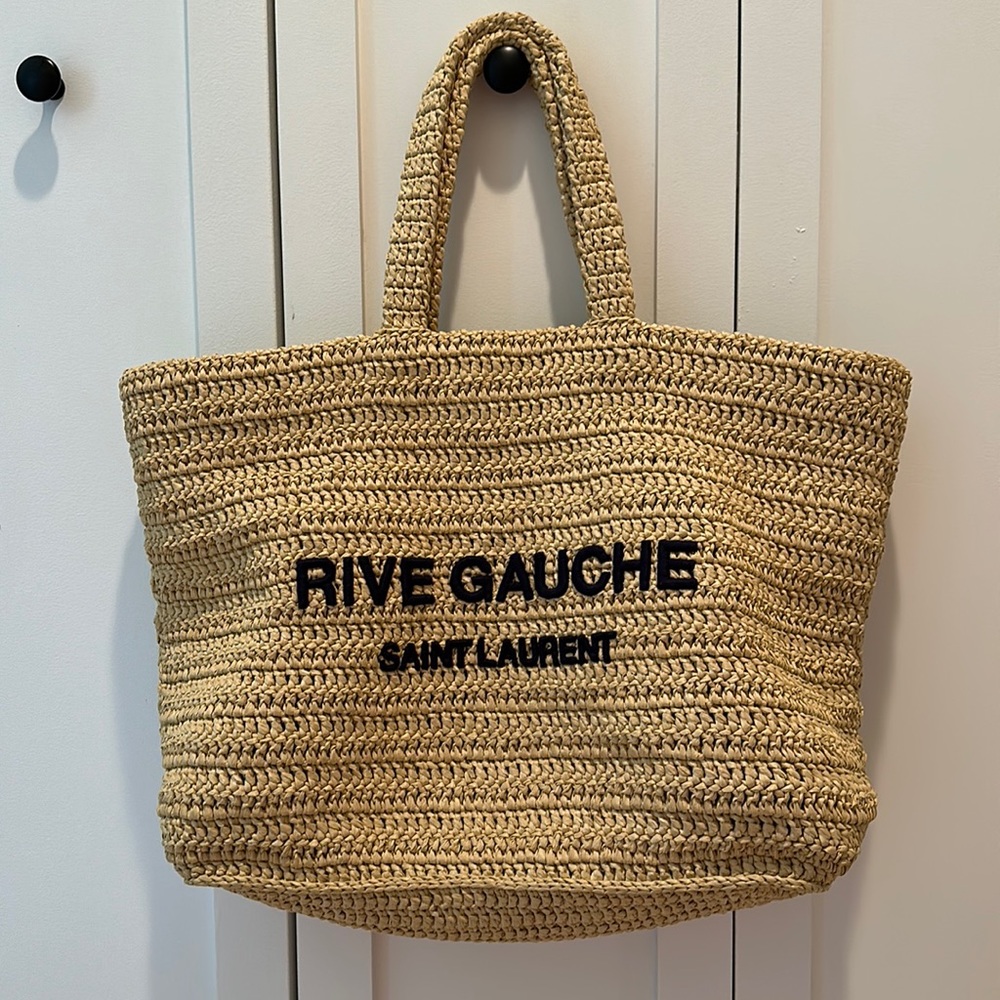 MINT CONDITION! RIVE GAUCHE SAINT LAURENT EMBROIDERED TOTE, NAVY BLUE LETTERING.